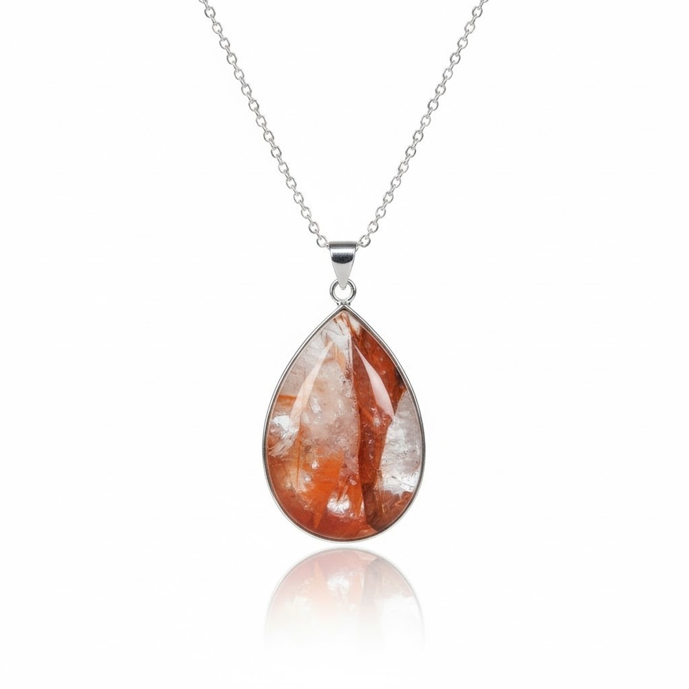 Teardrop Fire Quartz Necklace‎ Sterling Silver Reddish Orange Gemstone Pendant